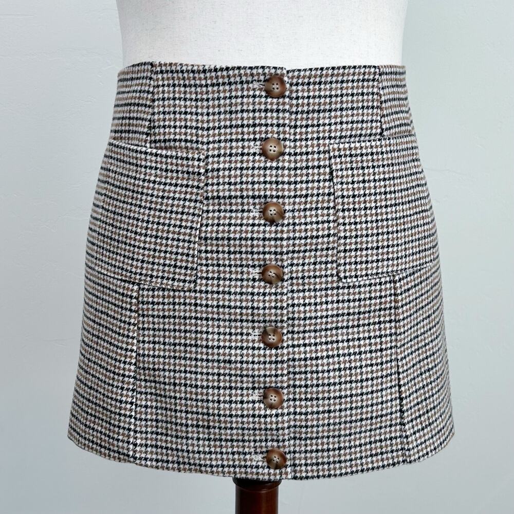 Joie Herringbone Plaid Brown Wool Academia Preppy Button Front Mini Skirt LARGE